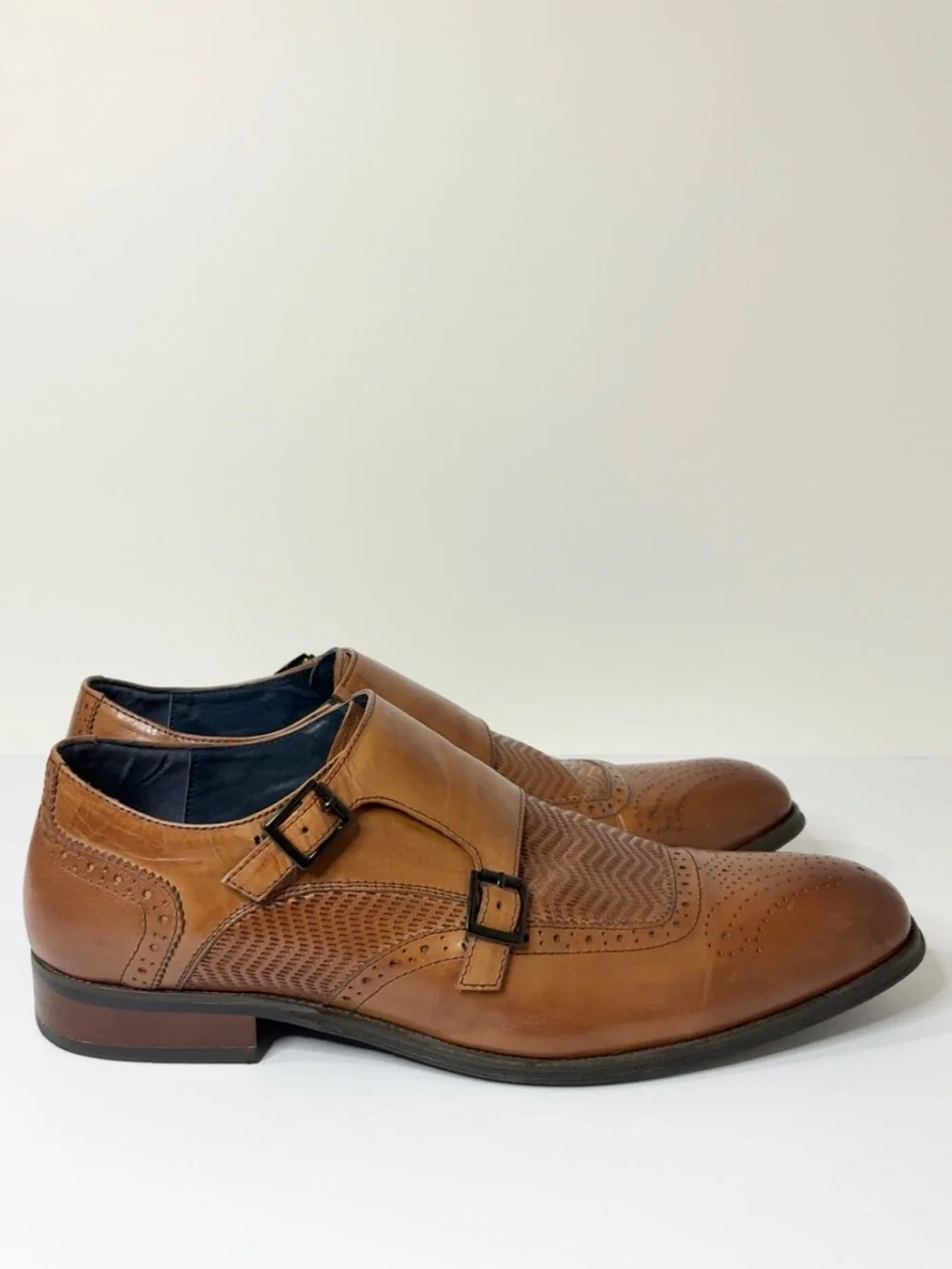 Stacy Adams Memory Foam Tan Double Monk Strap Brogue Dress Shoes Size 12M